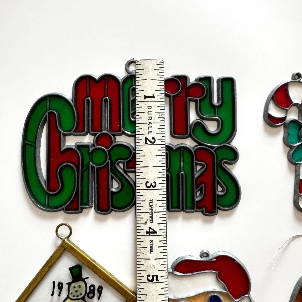Vintage Stained Glass Christmas‎ Ornaments: Santa, Snowman, Set of 6